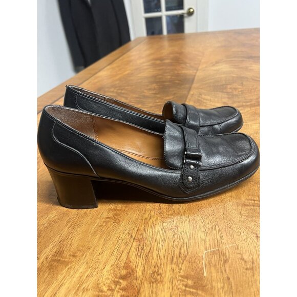 Vtg 90s Bandalino 8.5 M Black Leather Shoes Block Heel Career Old Money Chunky - Picture 6 of 10